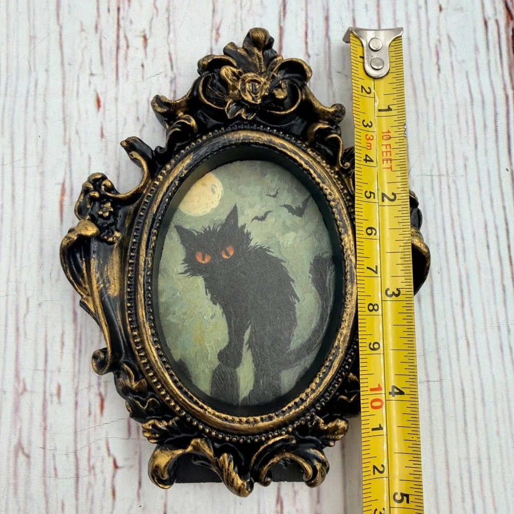 Gothic Black Cat Art Decoupage Ornate Gold Black Resin Frame Spooky Decor 4.75in